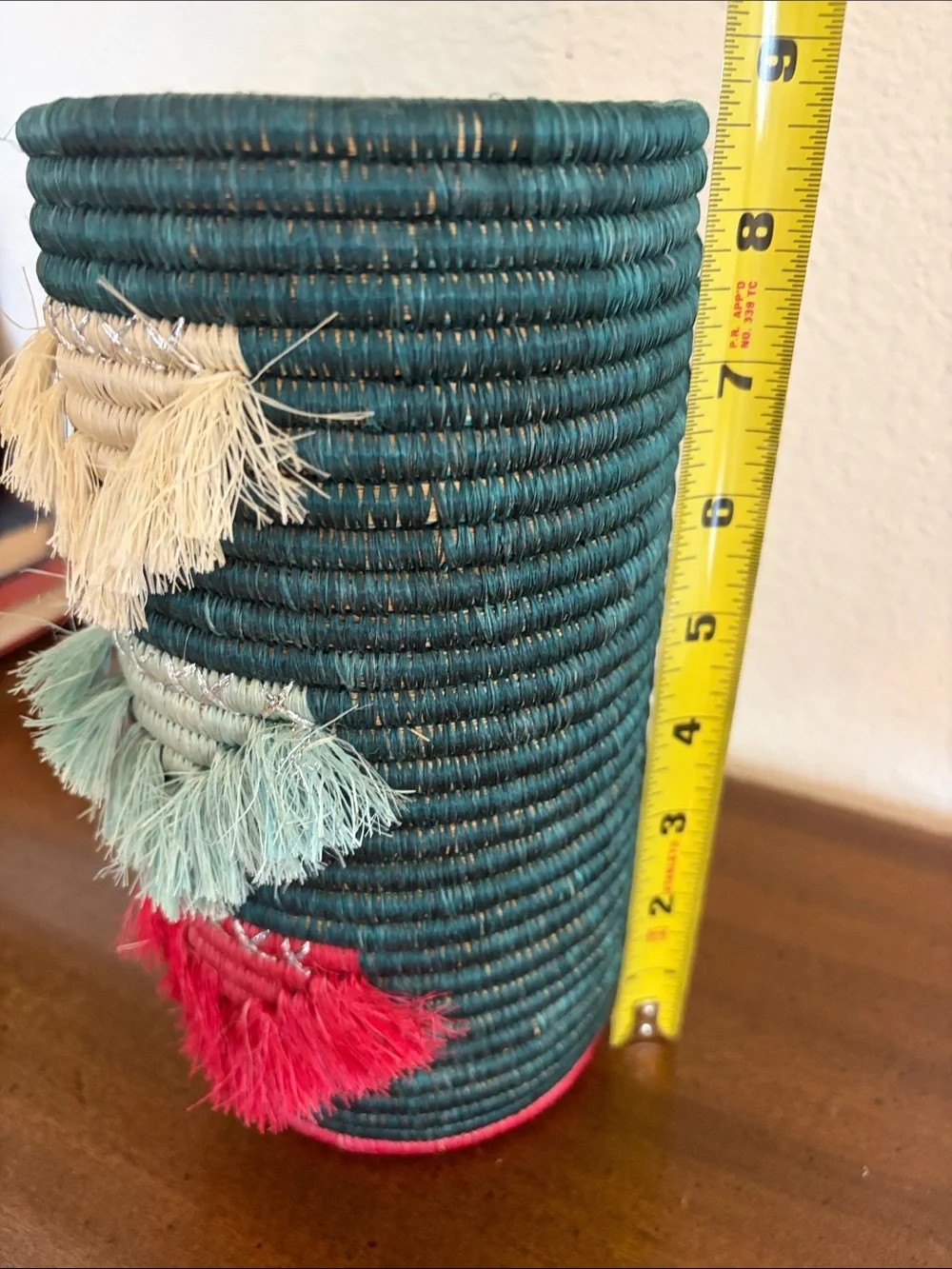 African Made Colorful Raffia Straw Boho Vase Wine Bottle Holder Tassels